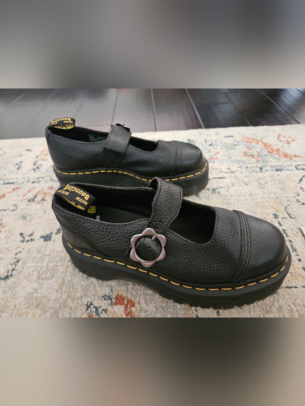 Dr. Martens Black Leather Flower Buckle Mary Jane Platform Shoes Women’s 8